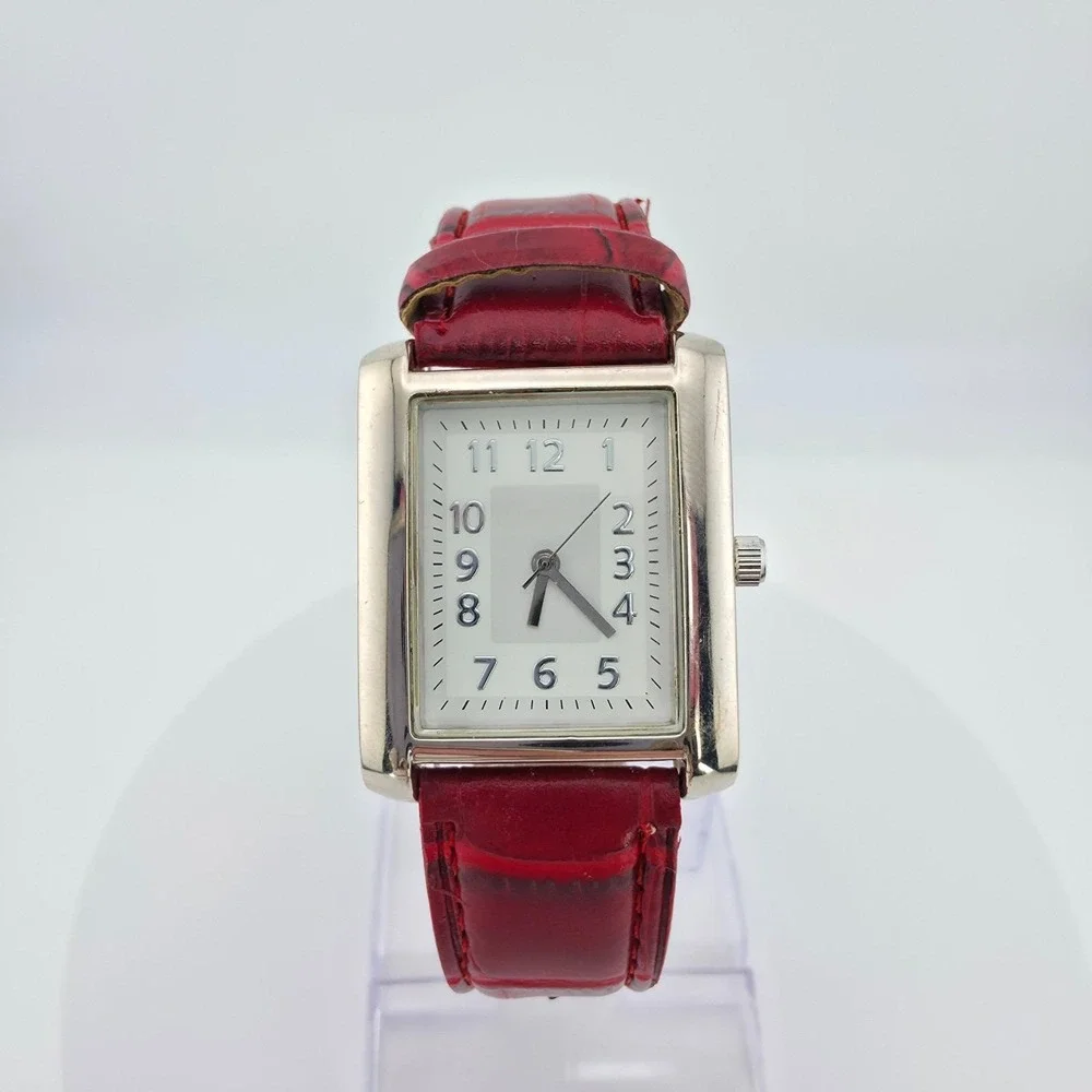 Ladies Watch Rectangle Stainless Steel Case Red Alligator Leather Band 8